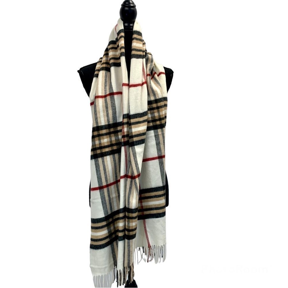 IVORY white tan brown black red plaid check soft warm fall winter scarf